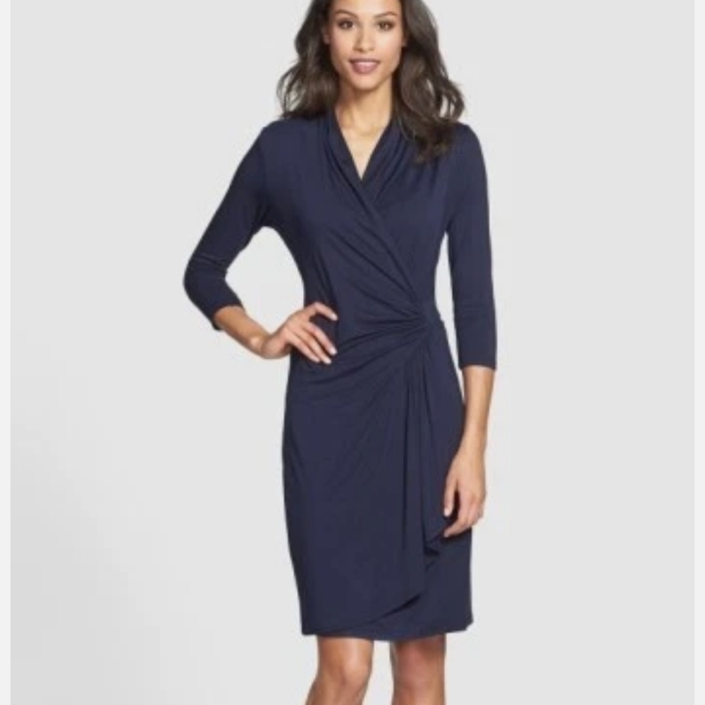 Karen Kane L130901 Womens Navy Cascade Faux Wrap Dress Size S